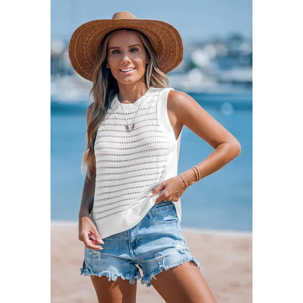 Débardeur à col rond en tricot ouvert blanc