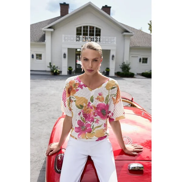 Frank Lyman Design - Haut en tricot fleuri Blanc et Rose X-Large