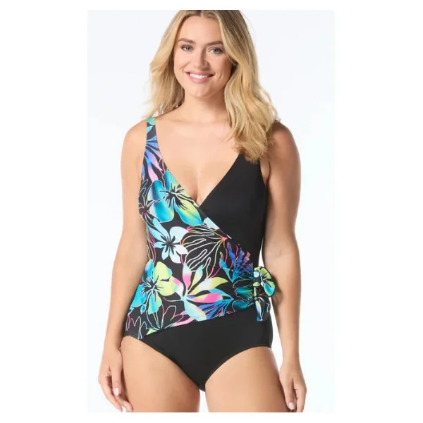 Gabar - Maillot une pièce avec plis et col en V Noir Multi 10 Sunset Garden