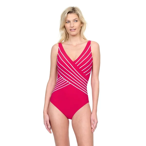 Gottex - Maillot de bain une pièce col en V avec lignes Fushia 10