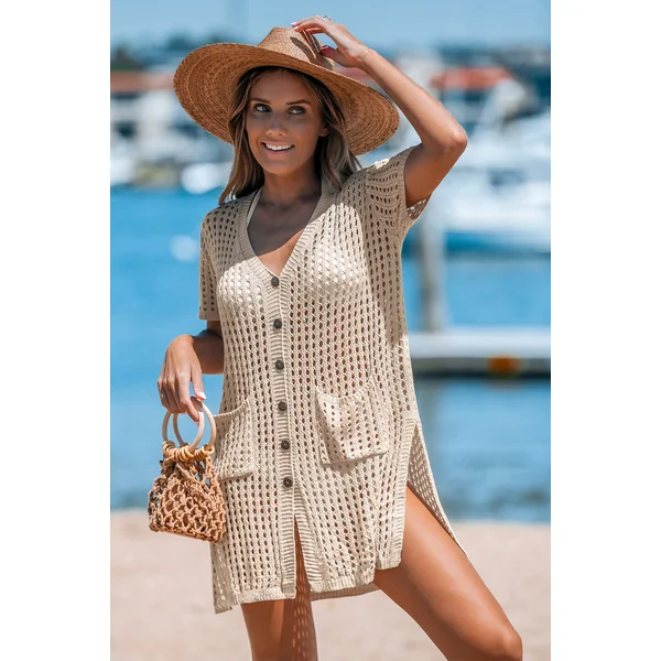Haut cover up en tricot ouvert avec boutons sur le devant abricot