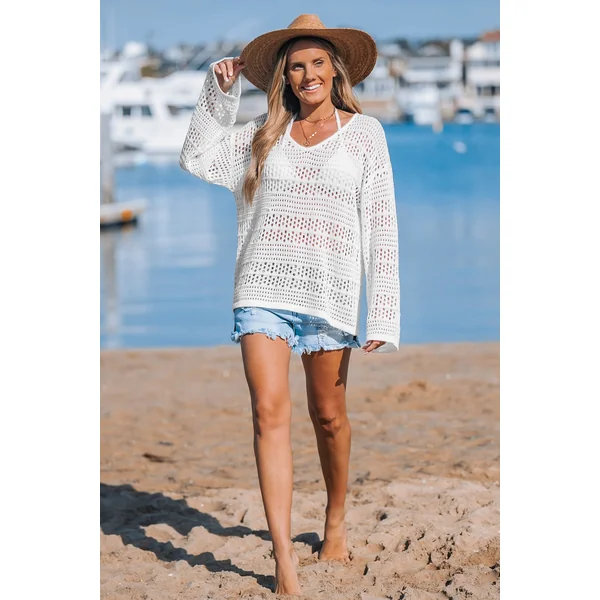 Haut cover up à manches longues en crochet blanc