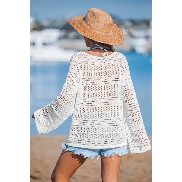 Haut cover up à manches longues en crochet blanc