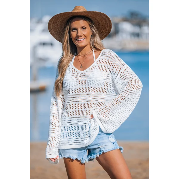 Haut cover up à manches longues en crochet blanc