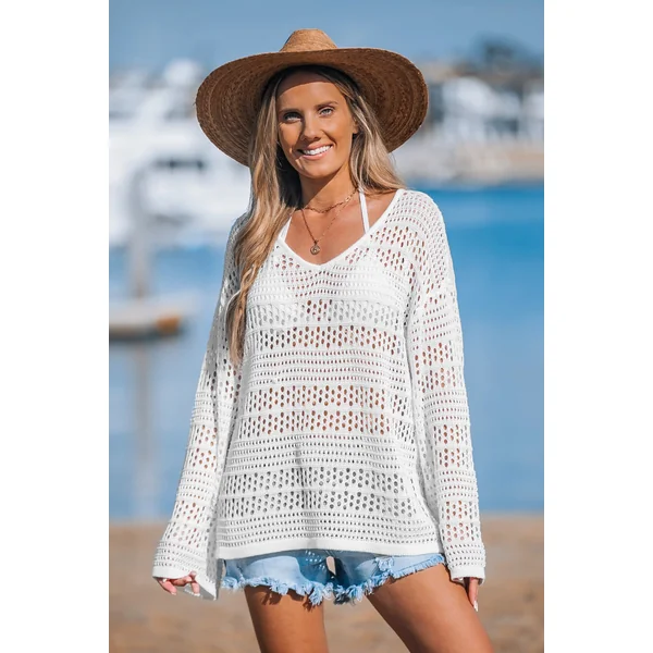 Haut cover up à manches longues en crochet blanc
