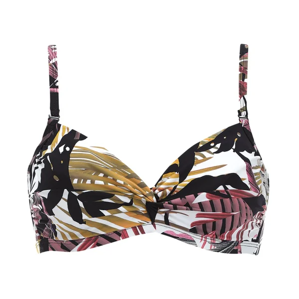 Haut de maillot de bain armatures souples imprimé végétal multicolore sur fond noir