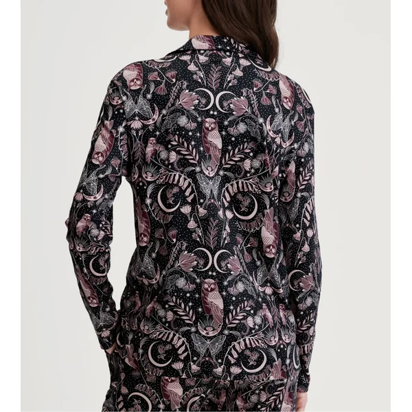 Haut de pyjama chemise imprimé nocturne hiboux noir