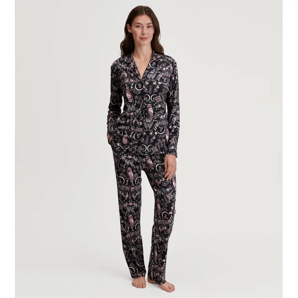Haut de pyjama chemise imprimé nocturne hiboux noir
