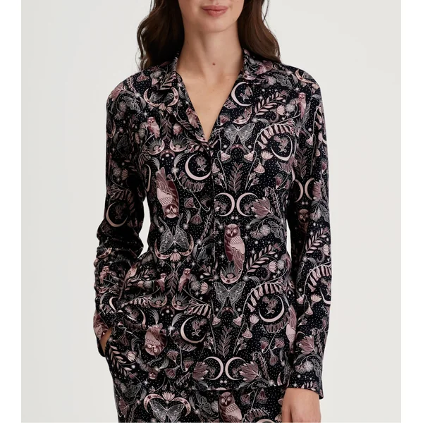 Haut de pyjama chemise imprimé nocturne hiboux noir