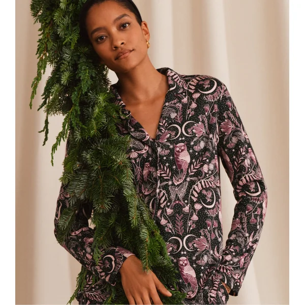 Haut de pyjama chemise imprimé nocturne hiboux noir