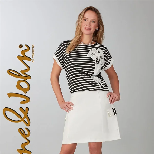 Jane&John by par Tricotto - Top ligné avec fleurs As Sample Noir et Blanc Medium