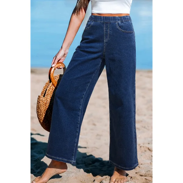 Jeans bleu taille élastique jambe large