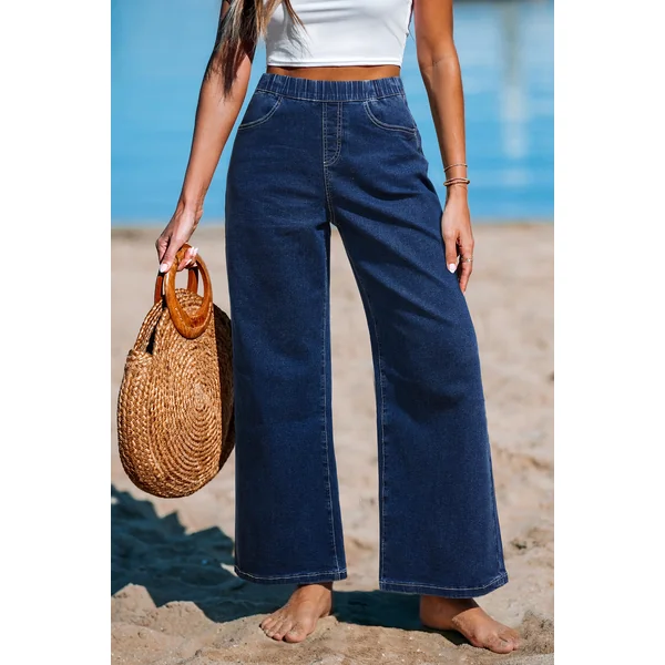 Jeans bleu taille élastique jambe large