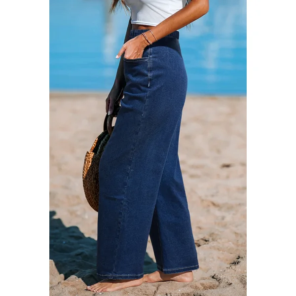 Jeans bleu taille élastique jambe large
