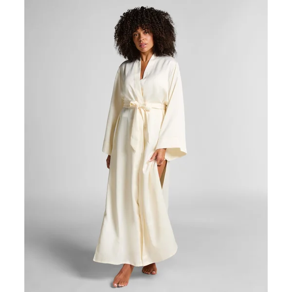 Kimono Long Satin Floral - Blanc