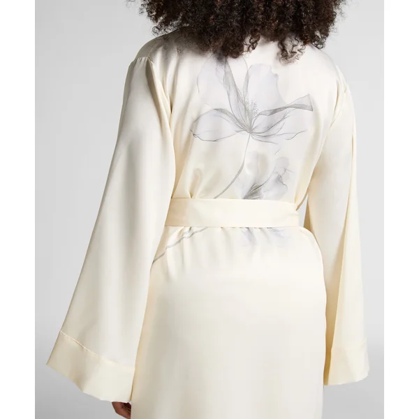 Kimono Long Satin Floral - Blanc