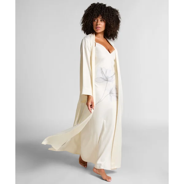 Kimono Long Satin Floral - Blanc