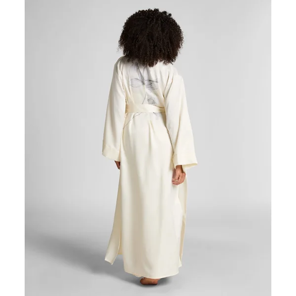 Kimono Long Satin Floral - Blanc