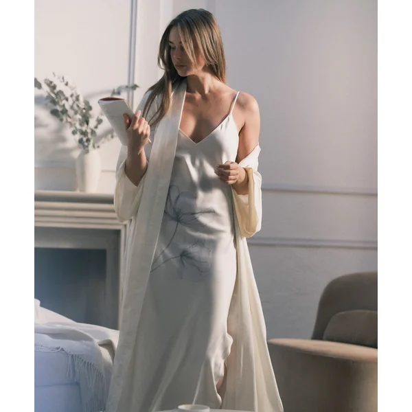 Kimono Long Satin Floral - Blanc