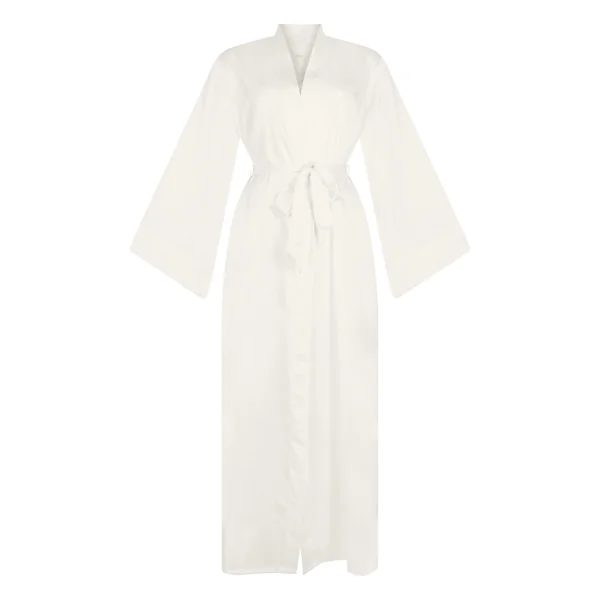 Kimono Long Satin Floral - Blanc