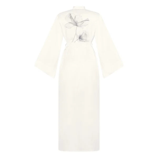 Kimono Long Satin Floral - Blanc