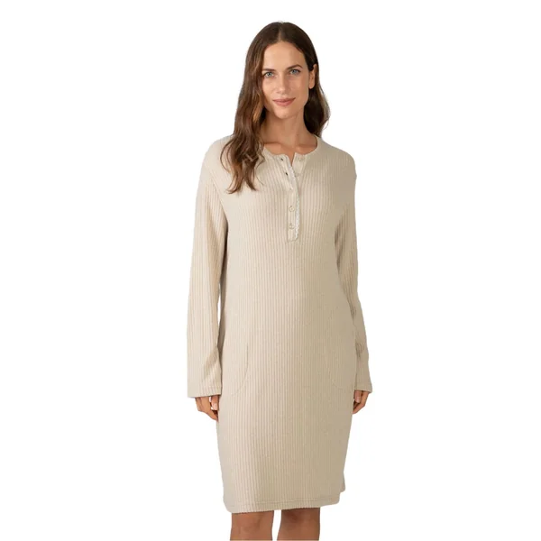 Liquette longue en viscose côtelée beige avec poches