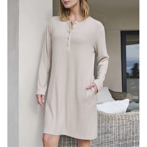 Liquette longue en viscose côtelée beige avec poches