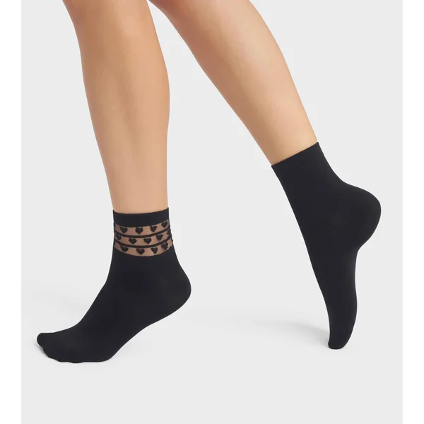 Lot de 2 paires de socquettes femme microfibre Noir à coeurs Dim Skin