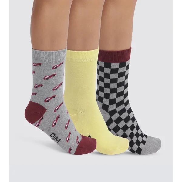 Lot de 3 paires de chaussettes enfant damier Gris Jaune Coton Style