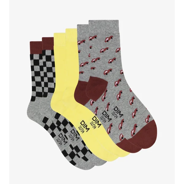 Lot de 3 paires de chaussettes enfant damier Gris Jaune Coton Style