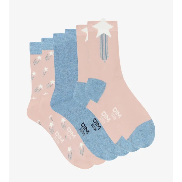 Lot de 3 paires de chaussettes enfant à étoiles Denim Rose Coton Style