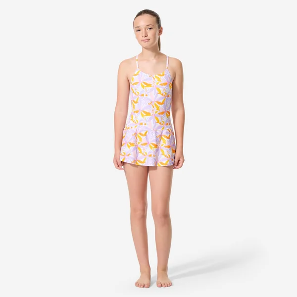 Maillot de bain 1 pièce jupette natation Fille ado, Lila jow violet