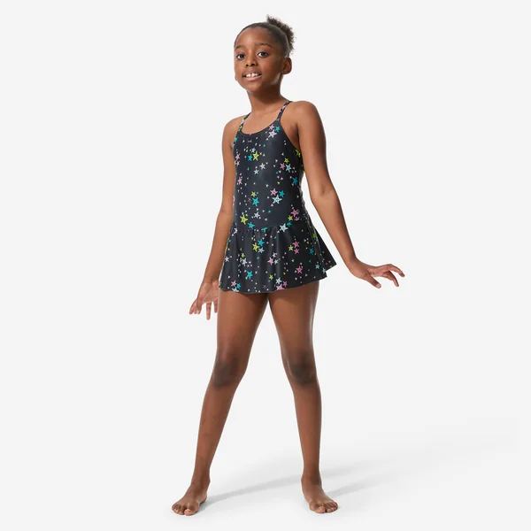 Maillot de bain 1 pièce natation jupette Fille enfant, Lila star noir