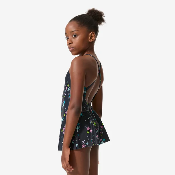 Maillot de bain 1 pièce natation jupette Fille enfant, Lila star noir