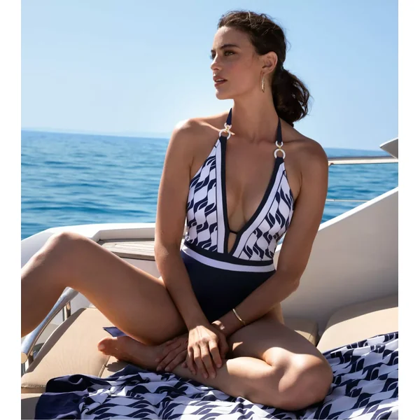 Maillot de bain une piece sexy Danse des Vagues Bleu & Blanc