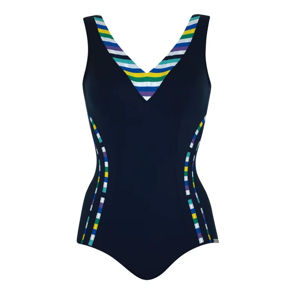 Maillot de bain une pièce bleu marine avec rayures multicolore