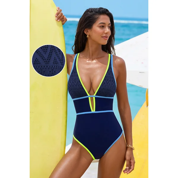 Maillot de bain une pièce bleu marine bonnets souples amovibles