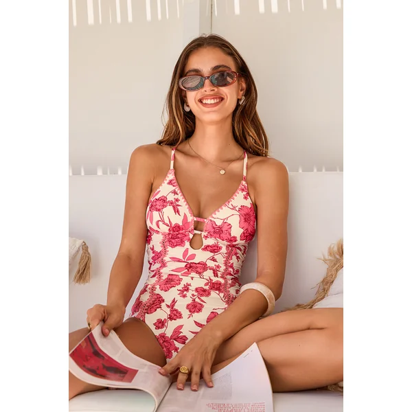 Maillot de bain une pièce floral jambe standard col plongeant
