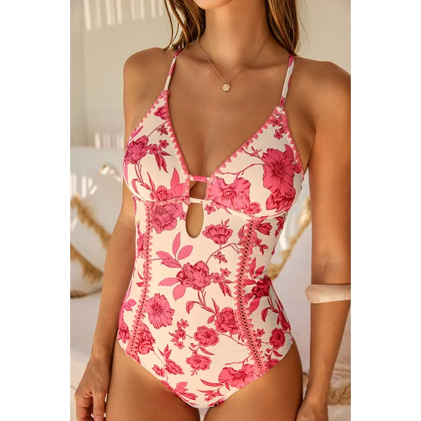 Maillot de bain une pièce floral jambe standard col plongeant