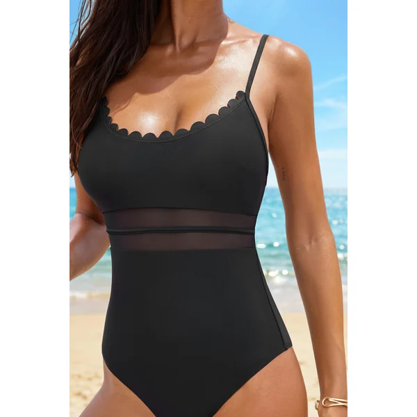 Maillot de bain une pièce noir dos à lacer taille en mesh