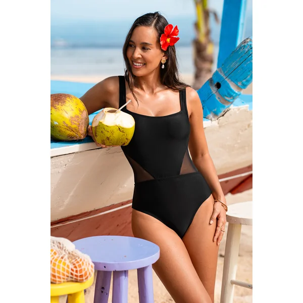Maillot de bain une pièce noir ventre plat col carré