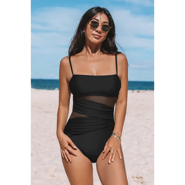 Maillot de bain une pièce ventre plat noir col carré