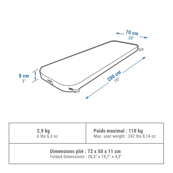 Matelas autogonflant de camping 1 personne, 200x70 cm, Ultim comfort gris