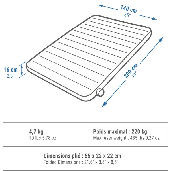 Matelas gonflable de camping 2 personnes, 200x140cm, Air seconds comfort
