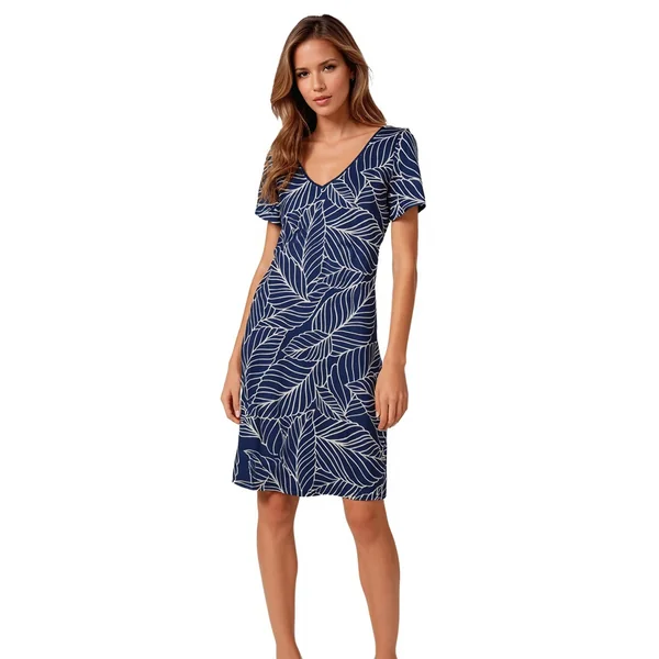 Miss Versa - Robe courte semi-ajustée Ligne A col V avec manches courtes Resort Bleu Medium Emely Marine