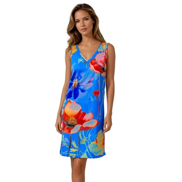 Miss Versa - Robe courte semi-ajustée Ligne A col V sans manches Resort Medium Leonie