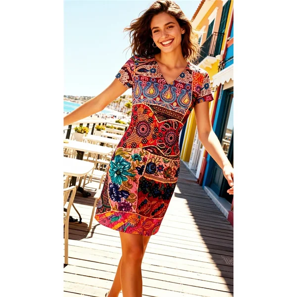 Miss Versa - Robe Resort ligne A Col V avec manche courte X-Large Hilo