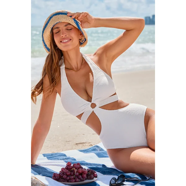 Monokini blanc bretelles licou et bas couverture modérée
