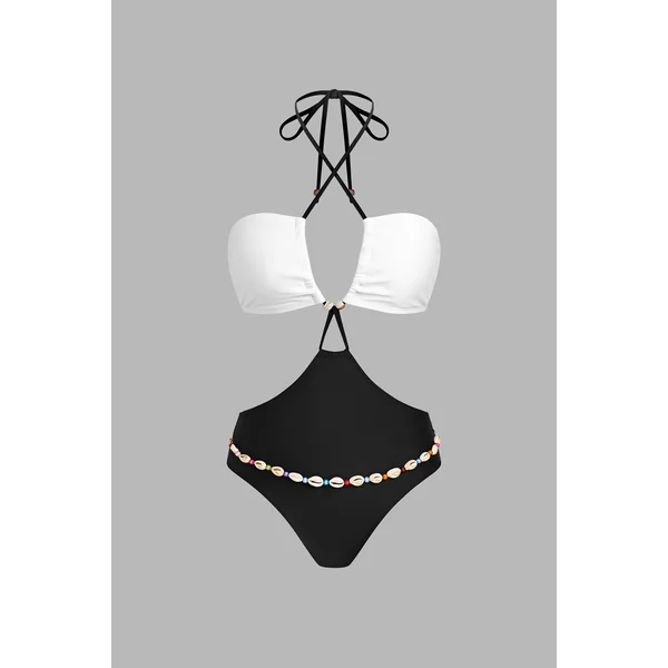 Monokini noir bretelles licou et bas détail chaîne