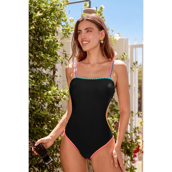 Monokini noir col carré et bas jambe standard